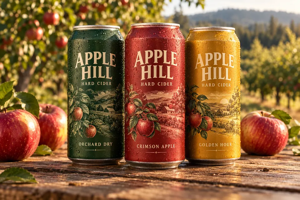 Three Apple Hill cans, Orchard Dry, Crimson Apple and Golden Hour, on a wooden table in an apple orchard